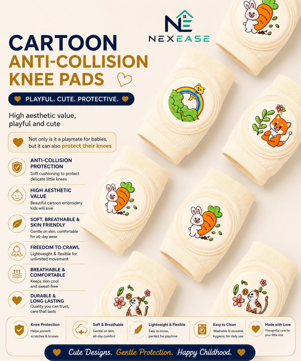 Baby Knee Pads with Cute Animal Embroidery