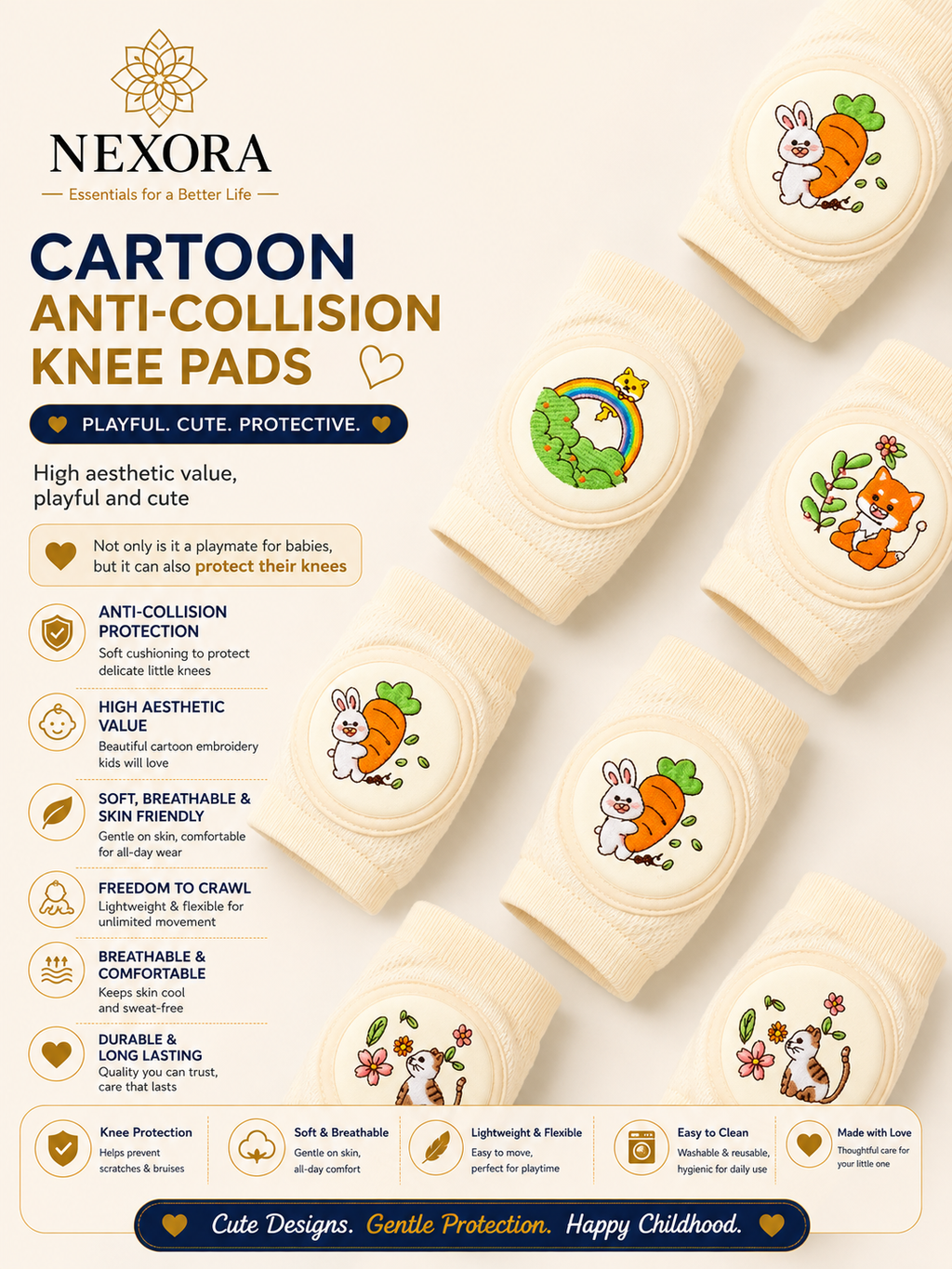 Baby Knee Pads with Cute Animal Embroidery